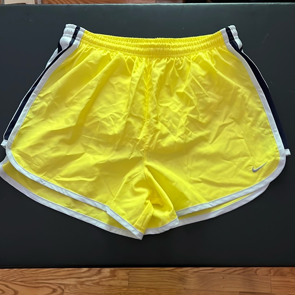Nike Neon running shorts yellow black and white side stripes Elastic drawstring